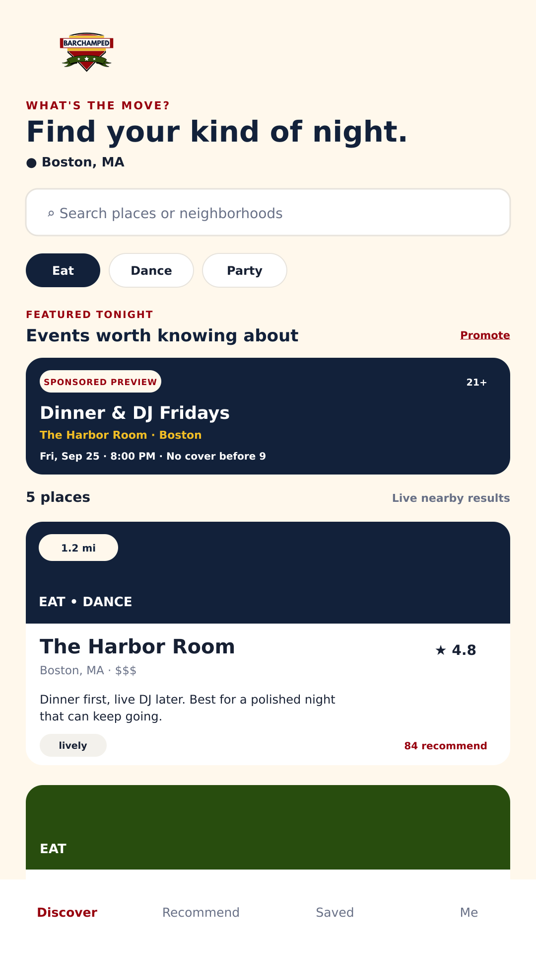 Barchamped Discover screen showing nearby places and a sponsored event preview