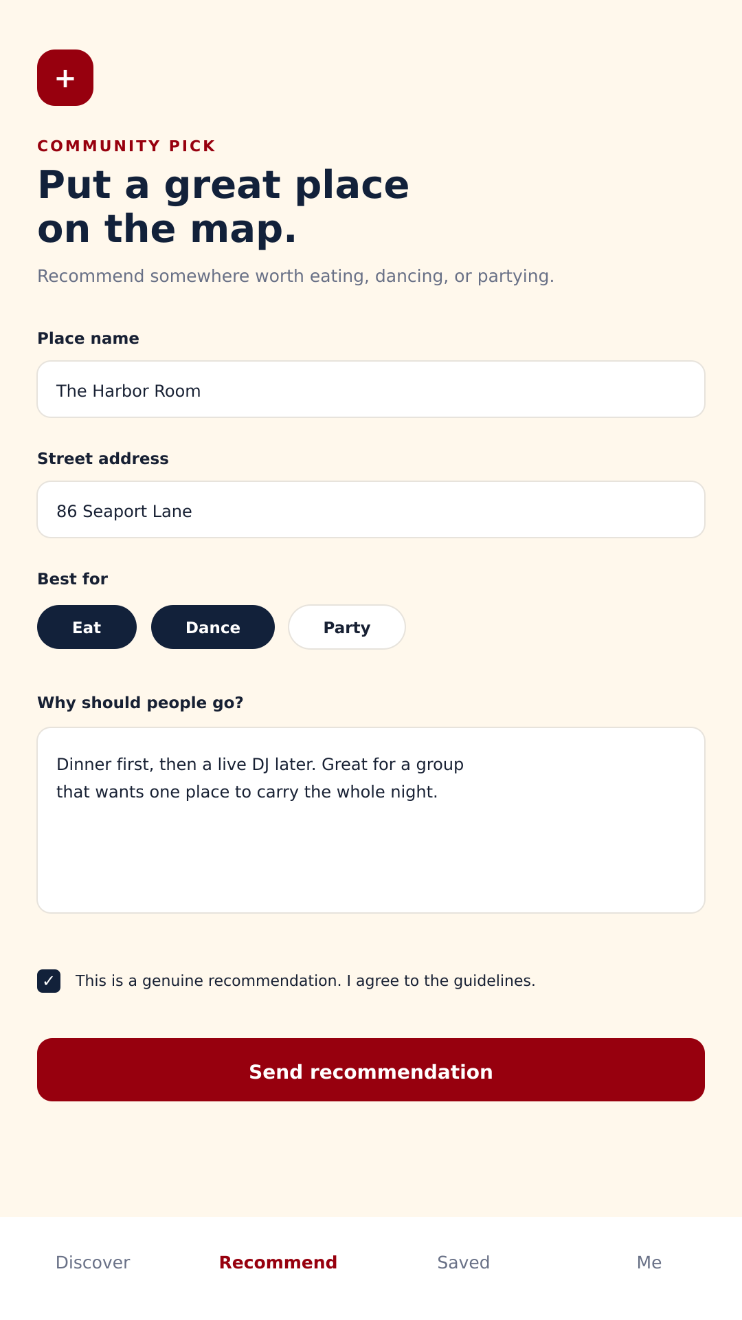 Form for recommending a place to the Barchamped community